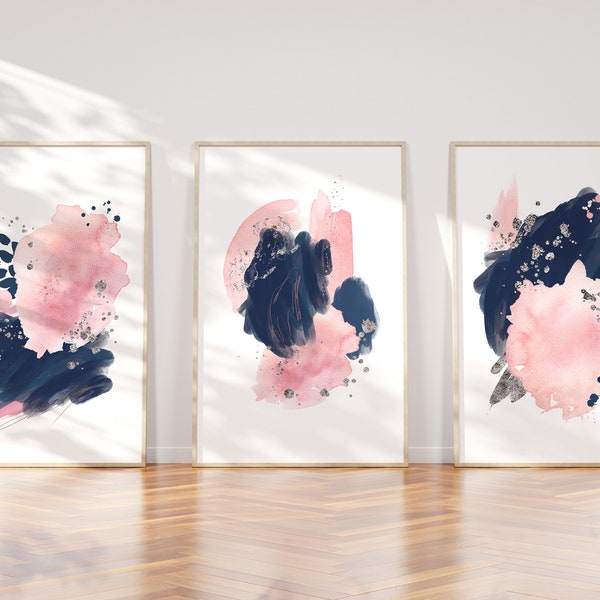 Blue, pink and silver wall abstract art print set of 3, silver abstract print, blush pink, navy blue abstract prints, unframed prints