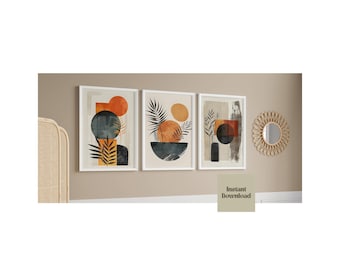 Orange, beige och svart väggkonst abstrakt bohotryck set med 3 väggkonst, digital nedladdning