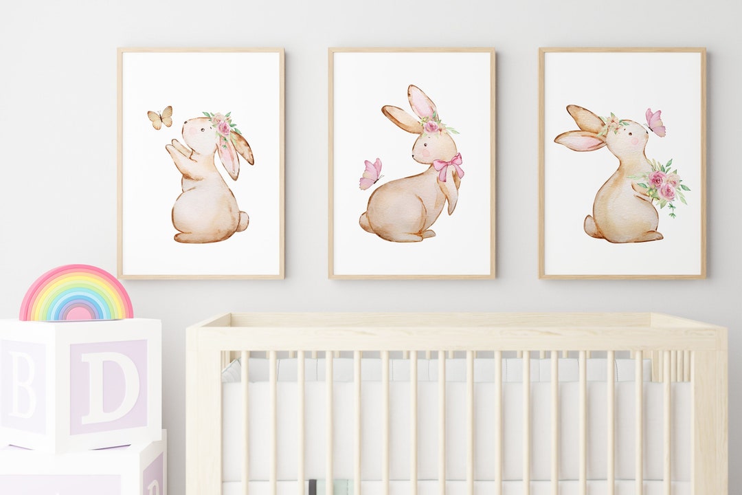 Bunny Rabbit Nursery Wall Art Set of 3 Prints, Butterfly Pink Wall Art ...