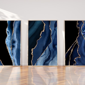 Navy and gold abstract set of 3 prints, navy blue abstract minimal art print, fluid marble art, gold wall art, unframed prints