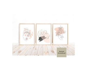 Female line art drawing neutral peach set of 3 prints, beige line art wall art, female line art, minimalist prints, digital download