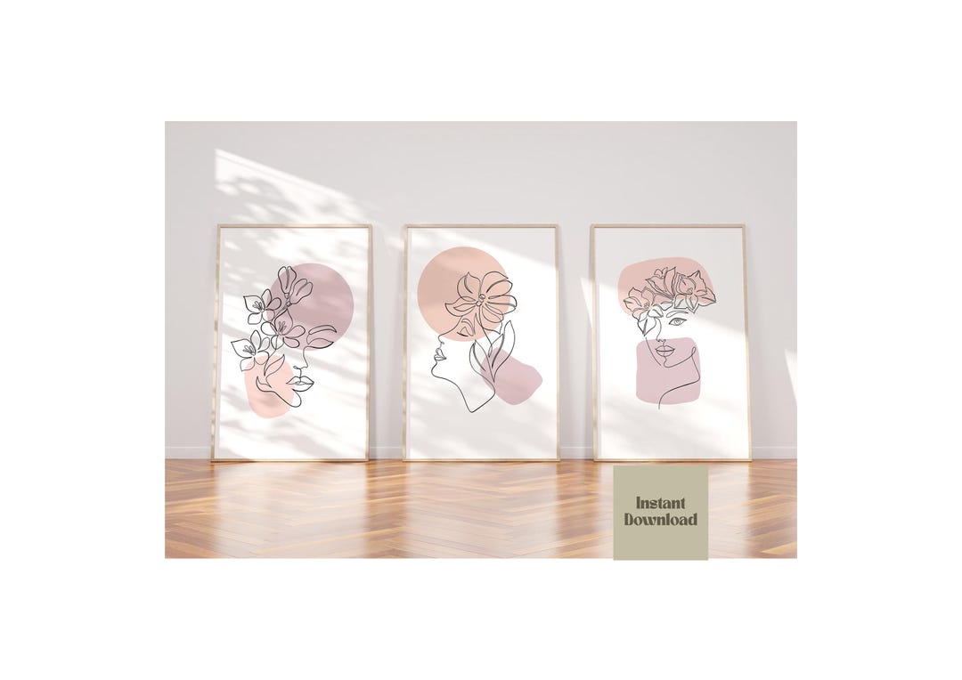 Blush Pink Female Line Art Drawing Set of 3 Prints, Line Art Set, Pink ...