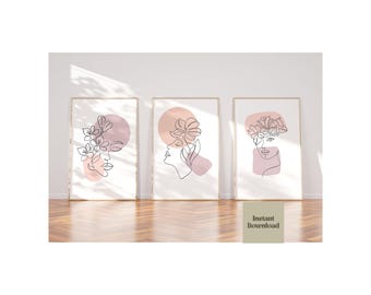 Blush pink female line art drawing set of 3 prints, line art set, pink and peach wall art abstract, digital download