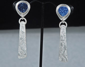 Cobalt blue druzy agate and sterling silver post earrings