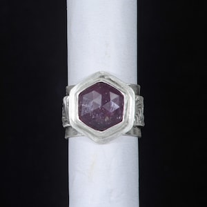 Deep purple sapphire, fine and sterling silver ring, size 7.25