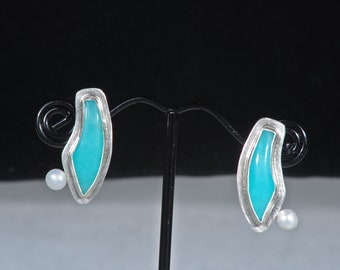 Amazonite, pearl, and sterling silver stud earrings