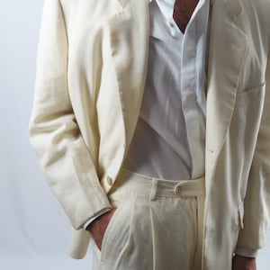 Vintage 80s Corneliani Ecru Suit Armani Style 50 Wool 50 Linen