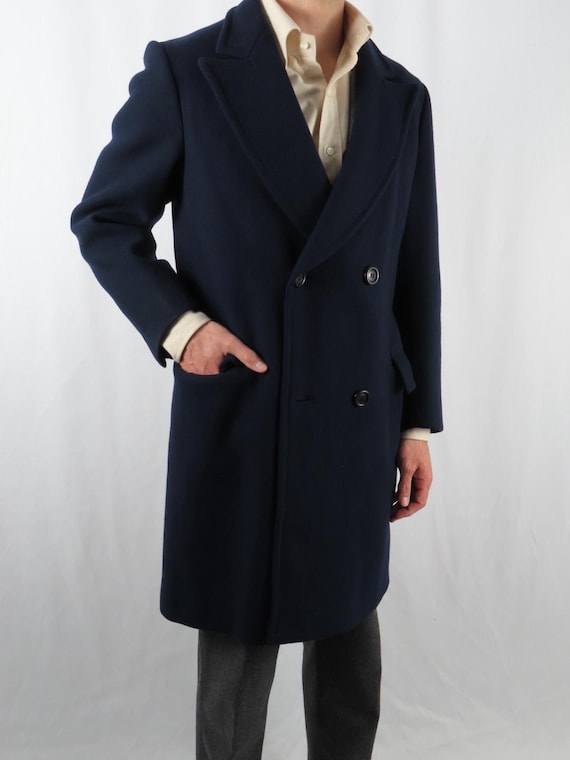 1980s Tailored Double Breasted Coat. Twill Wool Dark Navy Blue 