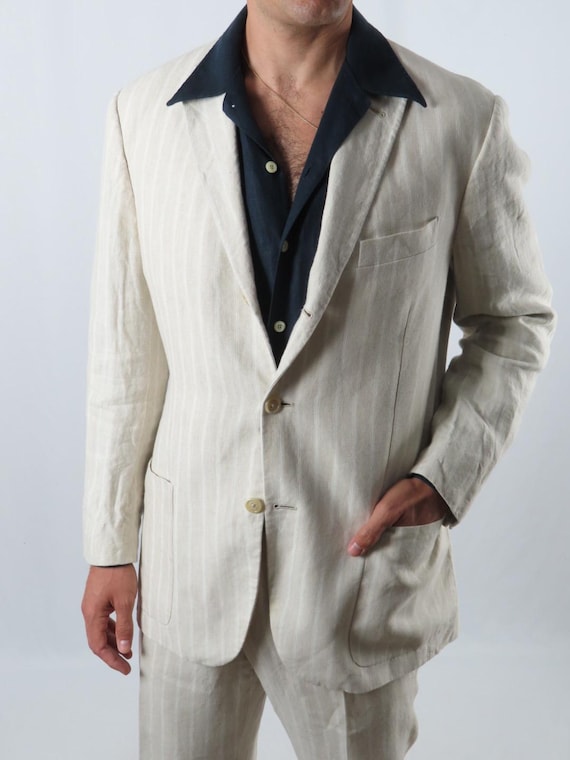 90s Corneliani 100 Linen Suit. Scarface Style Ecru With White
