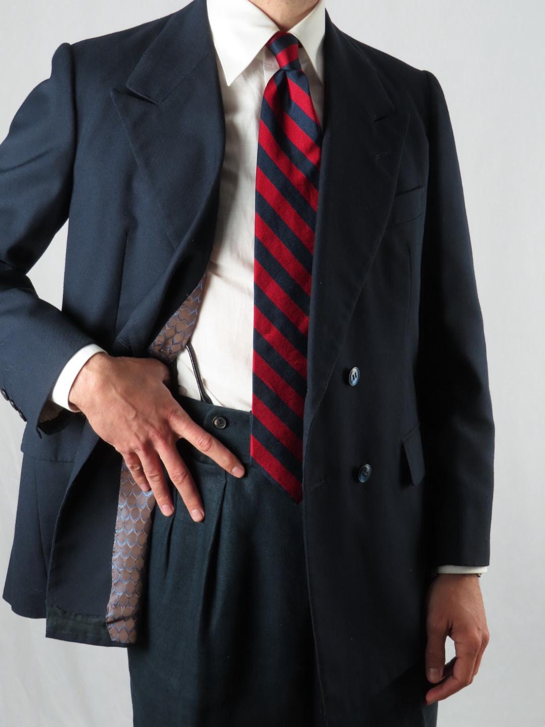 70's Ireland製 Bespoke Double Navy Blazer 1970s Vintage Bespoke Blazer. Double Breasted 4x2 Pattern