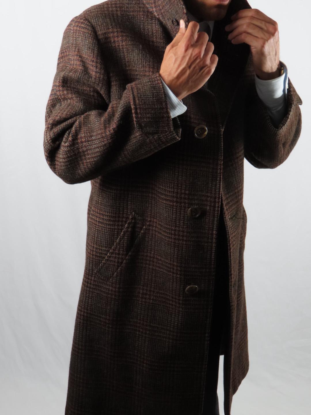 【初期タグ】80's Y's glen check wool long coat Vintage 1960s Coat. Glen Check Tweed Wool Brown Tailored in Italy