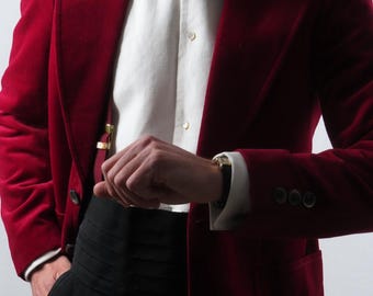 Casaco de jantar francês dos anos 70 em veludo vermelho, 100% algodão, tamanho 36UK / 46IT.