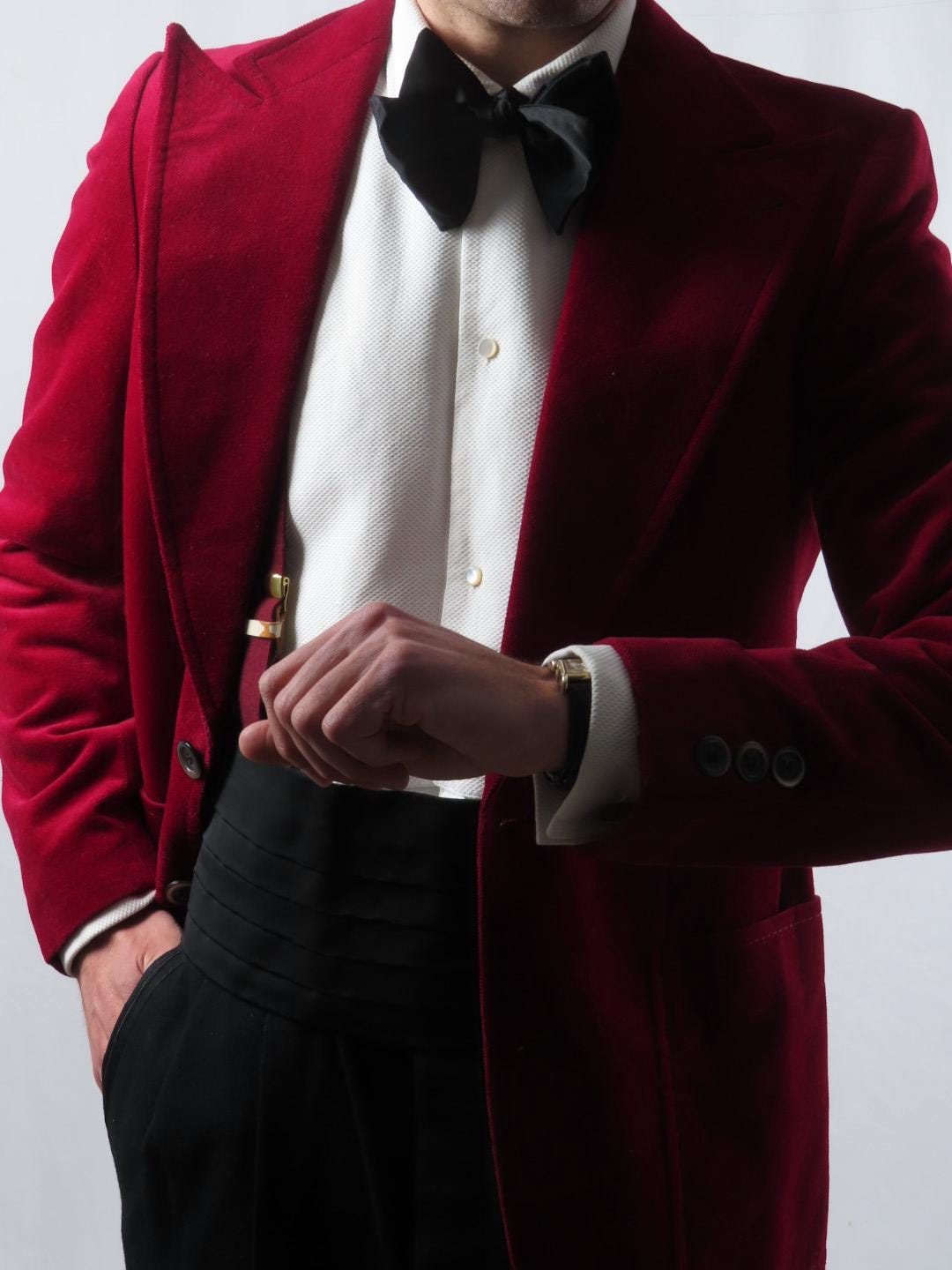 70s French Red Velvet Dinner Jacket 100% cotton 36UK 46IT