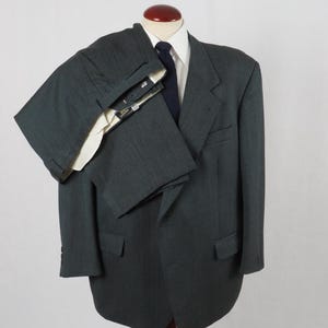 Vintage 80s Suit Bottle Green Herringbone Wool 52UK 62IT XXL Short
