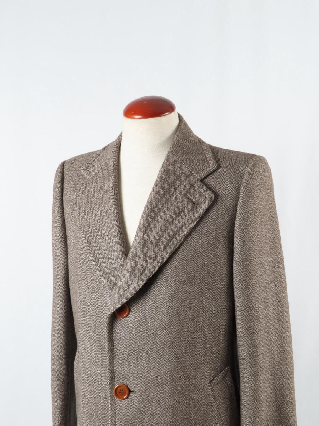 ジャケット・アウター HAND MADE herringbone over wool coat Vintage 80s Single Breasted Wool Herringbone Coat 36UK 46IT
