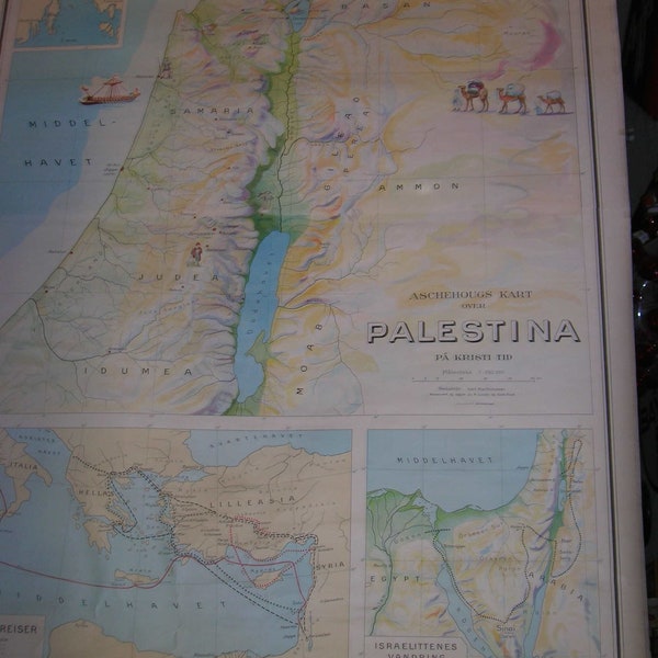 Palestine map. Vintage linen school pull-down roll 1950s