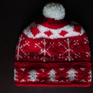 May include: Red and white knitted winter hat with a white pom pom on top. The hat has a snowflake pattern.
