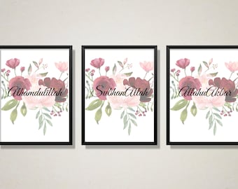 Subhanallah, Alhamdulilllah& AllahuAkbar 3 Piece Islamic Print Wall Art|Arabic calligraphy font canvas download|Muslim Home Decor Gift