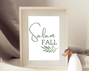 Botanical, Salam Fall with leaves Islamic Print Wall Art|Arabic calligraphy font canvas download|Muslim Home Decor Gift