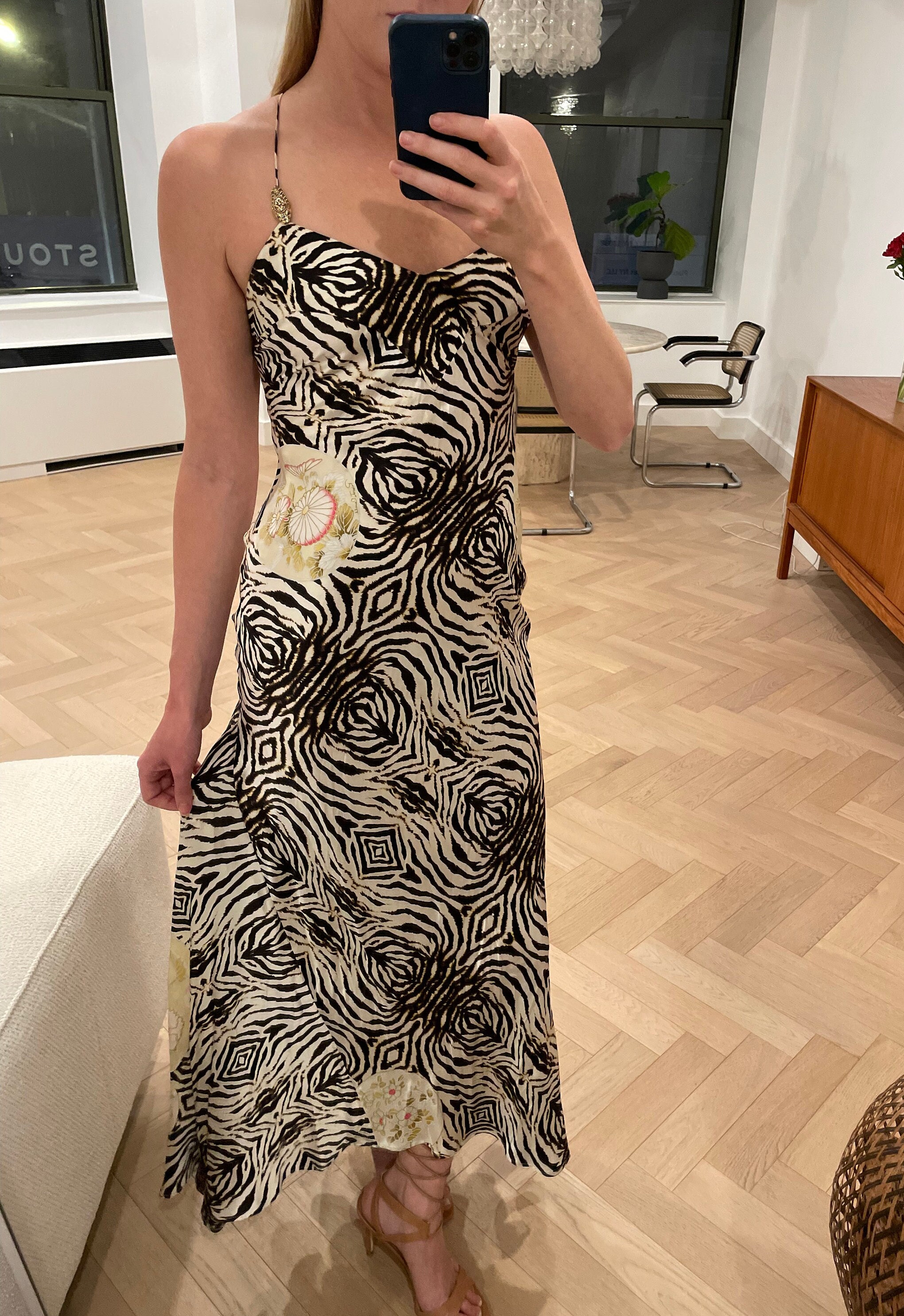 Roberto Cavalli Zebra & Floral Multi Print Silk Slip Dress