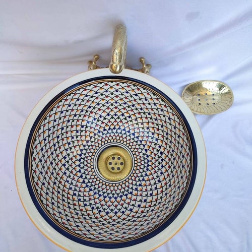 Moroccan washbasin sink, bathroom ceramic sink, shops hand-painted ceramic sink, handmade moroccan ceramic vasque, bathroom sink decor
