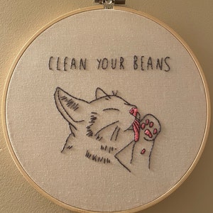 Clean Your Beans Cat Embroidery