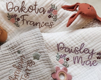 Embroidered Blanket for baby shower gift, Baby Blanket with Name, Baby shower gift, Custom Boho Baby Gift, Cotton Muslin Blankets