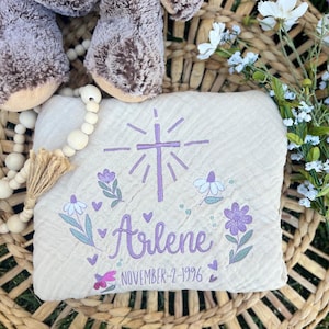 Custom Embroidered Baptism Blanket for Baby, Personalized Embroidered Baby Receiving Blanket, Baby Shower Gift, Christening Keepsake