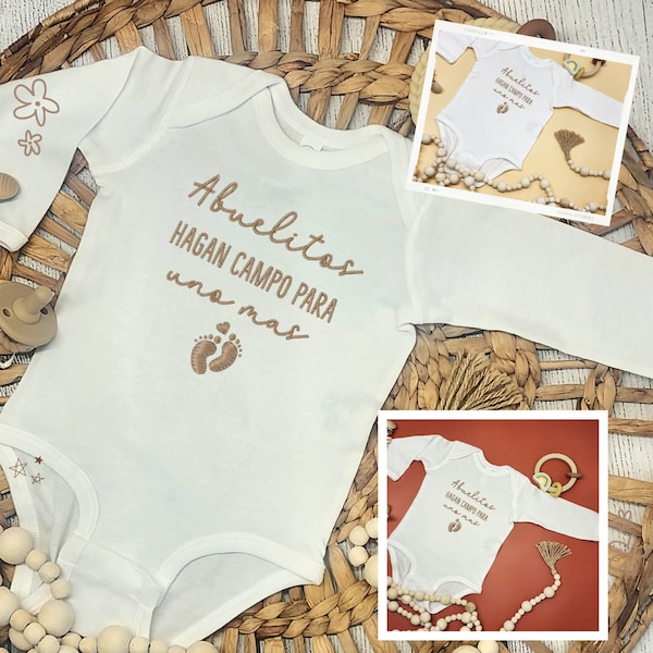 Spanish pregnancy announcement, Embroidered baby announcement, Hola Abuelitos, coming home outfit baby shower, custom baby bodysuit