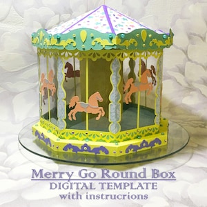 Caixa de guloseimas Merry Go Round, caixa de carrossel, decoração de festa, modelo digital, arquivo de corte, PDF SVG DXF, Silhouette Cameo, Cricut, caixa de aniversário