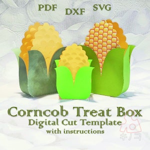 May include: A digital cut template for creating corncob treat boxes. The template includes three different sizes of boxes, each with a green husk and a yellow corncob design. The template is available in PDF, DXF, and SVG formats. Corncob Treat Box Digital Cut Template with instructions.
