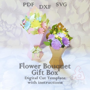 Può includere: Due bouquet di fiori di carta in confezioni regalo rosa e beige. I bouquet contengono fiori di carta colorati nelle tonalità del giallo, rosa, blu e viola. Il testo sull'immagine recita "Flower Bouquet Gift Box" e "Digital Cut Template with instructions."