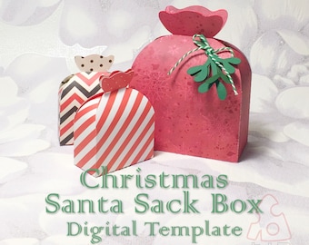May include: A digital template for a Christmas Santa sack box. The template includes three different sizes of boxes, with red and white striped, black and white chevron, and red with white snowflake patterns. The template also includes instructions for assembling the boxes.