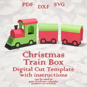 Scatola del treno di Natale, Avvento, Capodanno, 3D, bomboniera per dolciumi festivi, SVG DXF PDF, file di taglio, modello digitale, Cricut, Silhouette Cameo