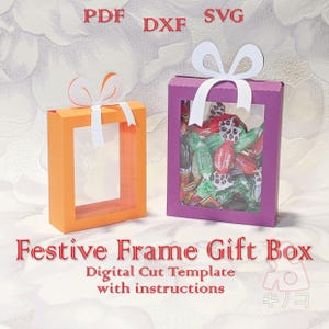 Festlig presentask med ram, julgranskulor, vinterask 3D, ask med rosett, SVG DXF PDF, klippfiler, digital mall, Cricut, Silhouette Cameo