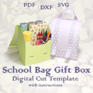 Boîte-cadeau sac d'école, festin de retour à l'école, décor de papier scolaire, modèle facile, modèle numérique, fichiers coupés, SVG PDF DXF, Silhouette, Cricut