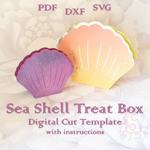 Caja de golosinas de concha de mar, regalo navideño, caja de fiesta para niños de verano, caja de decoración del hogar, plantilla digital, archivo cortado, cameo de silueta, SVG DXF PDF Cricut