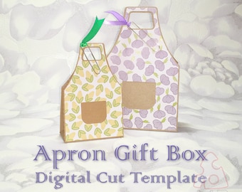 May include: Two printable apron-shaped gift boxes with floral patterns. The boxes are designed to be cut out and assembled. The text on the image reads "Apron Gift Box Digital Cut Template with instructions".