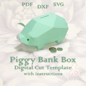 Piggy Bank Box, Verjaardag, 3D, Baby Douche Gunst, Laag Poly Party Treat Box, Digitale Sjabloon, Cut File, Silhouette Cameo, SVG DXF PDF Cricut