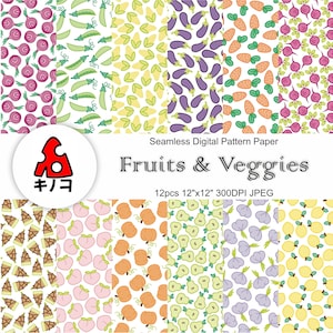 Fruits & Veggies Seamless Digital Pattern Paper, Printable Patterns, JPEG, Vegetables Background Paper, Fruits , Kitchen Theme Paper