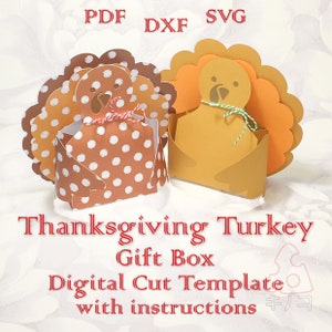 Könnte beinhalten: Digitale Schnittvorlage für eine Thanksgiving-Truthahn-Geschenkbox. Die Vorlage enthält Anweisungen und ist in den Formaten PDF, DXF und SVG verfügbar.
