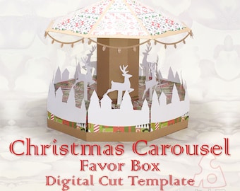 May include: A digital cut template for a Christmas carousel favor box. The carousel is decorated with reindeer, trees, and lights. The template includes instructions for assembly.