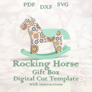Rocking Horse Gift Box, Verjaardag, 3D, Baby Shower Favor, Party Decor Box, Digitale Sjabloon, Cut File, Silhouette Cameo, SVG DXF PDF Cricut