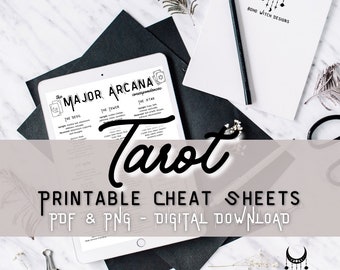 May include: Printable tarot cheat sheets in PDF and PNG format. The image shows a digital tablet displaying a black and white cheat sheet with the Major Arcana cards and their correspondences. The text "Tarot" is written in a large, stylized font.