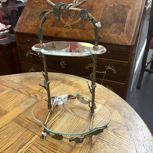 Único y raro antiguo hecho a mano francés vidrio y metal Art Nouveau mesa Etagere/soporte en niveles comprado en París