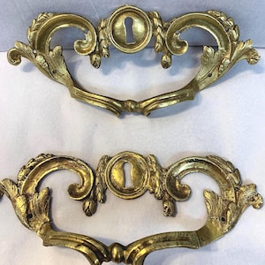 Pair of Antique Gilt Bronze Large Cabinet/Drawer/Door Pulls with Key Holes from France Purchased in Paris, Lovely Gold Patina, Unique Design