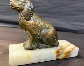 Antique Paperweight with Spaniel Dog Sitting on a Marble Base, Patinated Polished Bronze, Collectable Dog Motif Paperweight
