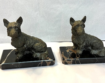 Antique Pair of Bronze Terrier Bookends Mounted on Black Marble Bases, in Wonderful Condition with Great Detail, Classic Long-Hair Terriers