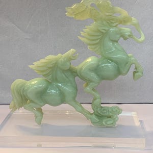 Vintage Carved Jade Sculpture of Two Galloping Horses on a Lucite Base, Post 1950&#39;s, Fine Asian Horse Group Figurine of Green Jade