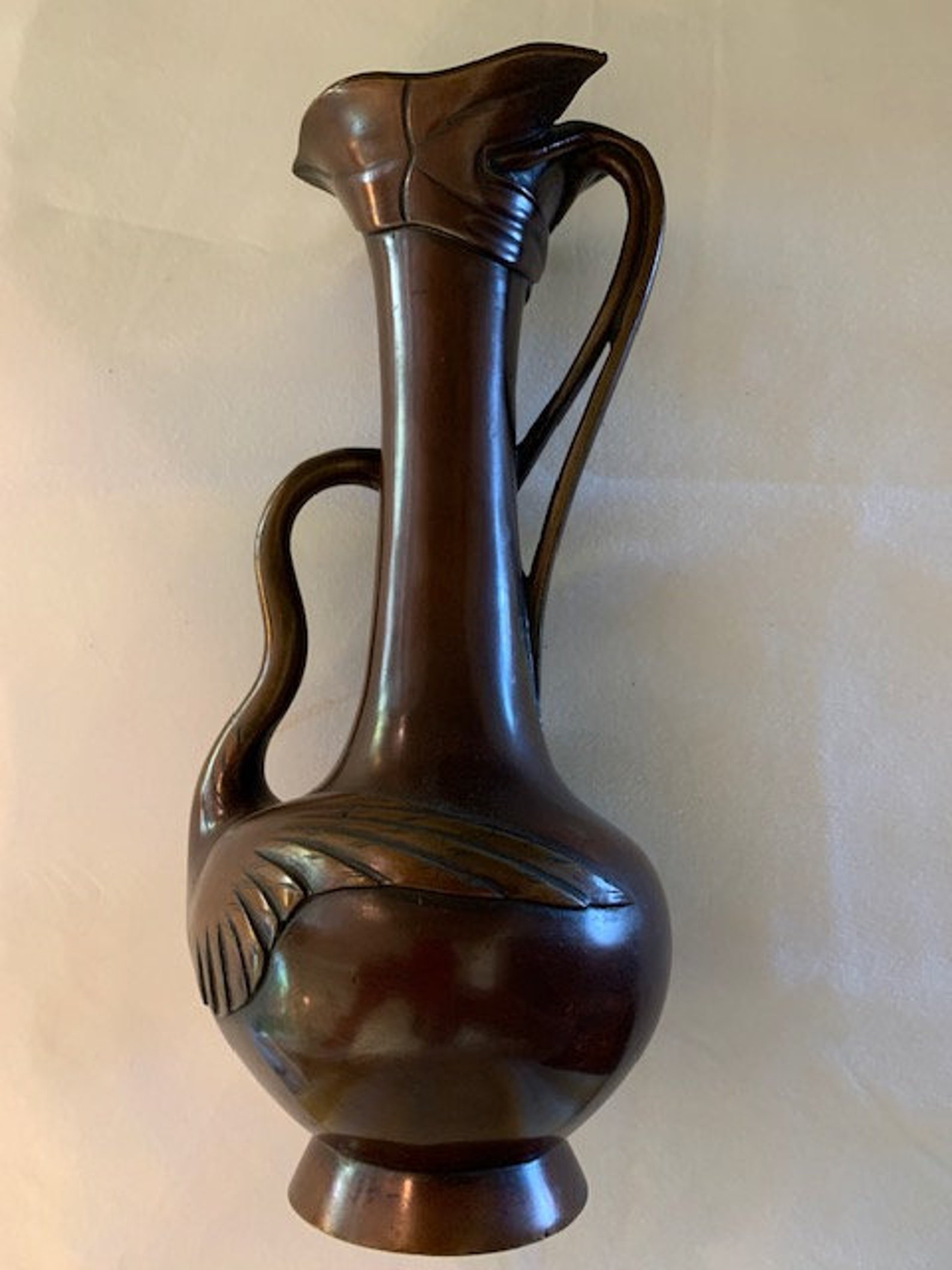 Vintage Asian Bronze Vase With Stork Figural Etsy